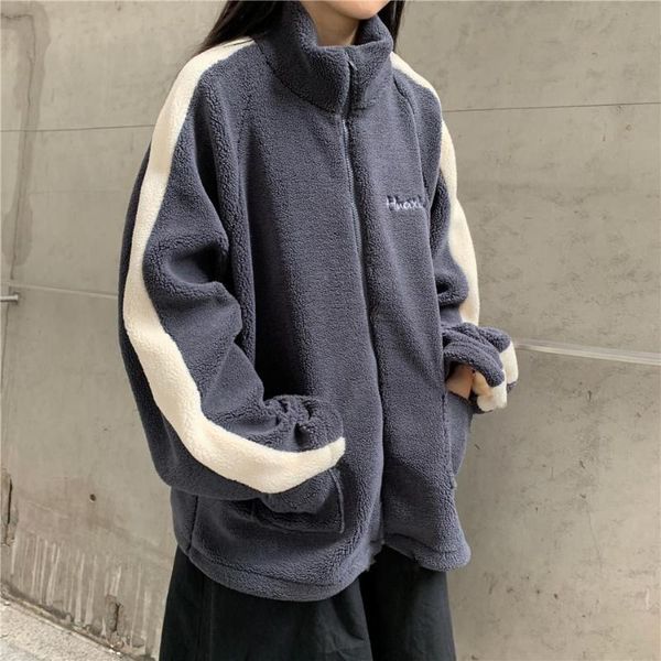 

autumn and winter loose bf wind letter embroidery coat female stand collar sweater fleece baseball uniform tide, White