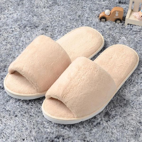 

women open toe winter slippers warm slippers fleece house indoor shoes, Black