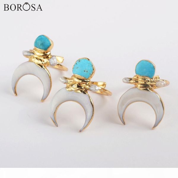 

wholesale 5pcs bohemian gold plating white shell crescent handmade rings natural turquoises & pearl adjustable women rings g1862, Silver