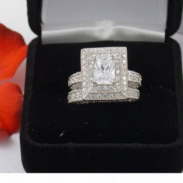 

u u professional wholesale vintage jewelry z simulated diamond 14kt white gold filled 3 -in -1 wedding ring set for christmas gift, Slivery;golden