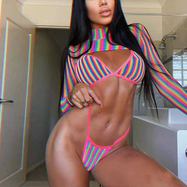 

womens 3 piece rainbow striped gradient printed long sleeve women swimsuit biquini 2020 swimsuits swimwear bikini set o, White;black