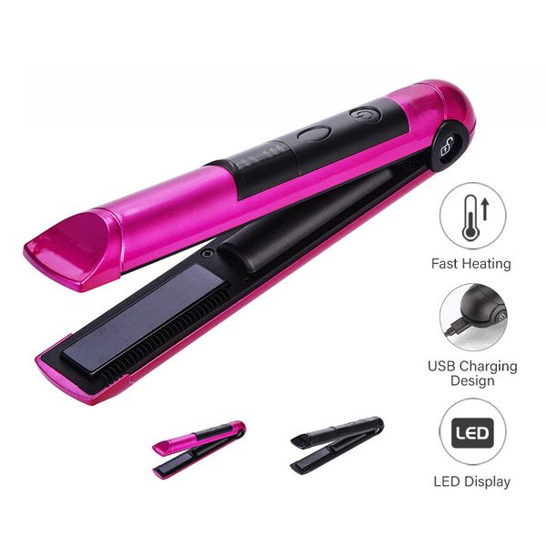 

portable usb recharging professional mini hair straightener led display cordless hair flat iron hair tool j2146, Black