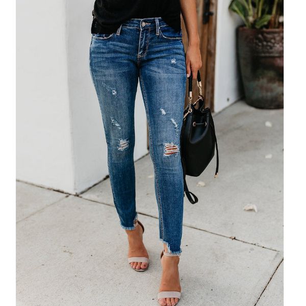 

new style 2020 ladies solid jean fashion popular ripped club jeans 857, Blue