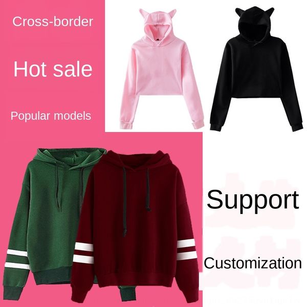 

xmtju hooded cat ear fleece woolwool blank navel women's solid color hooded cat ear fleece sweater woolwool blank navel sweater women&#, Black