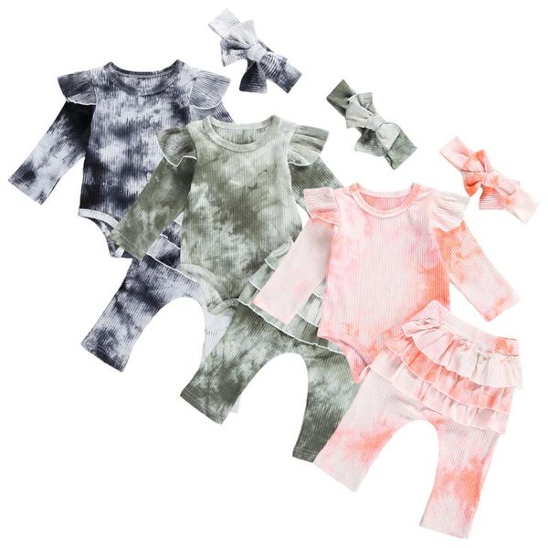 

newborn baby girls romper fall ruffle pants knitted long sleeves dye printed waistband 3-piece toddler outifits clothes sets, White