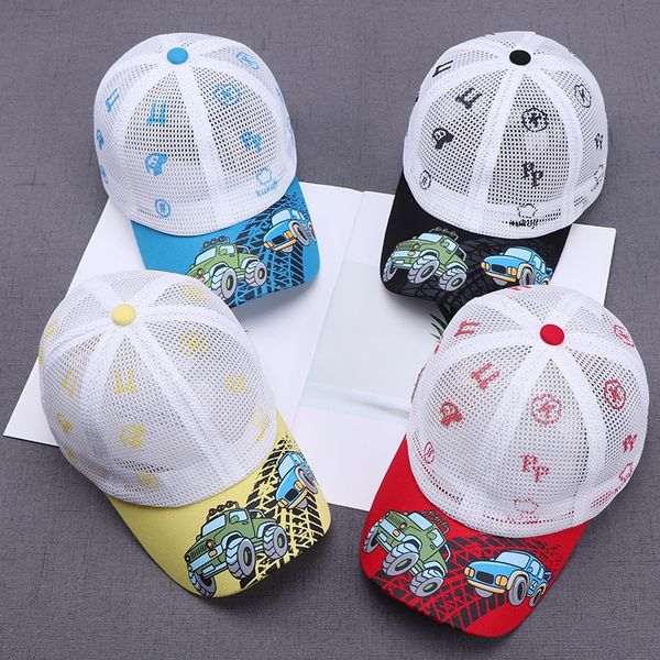 

new printed car children's medium and large children's mesh sun baseball cap baseball cap hat baby sun hat, Yellow