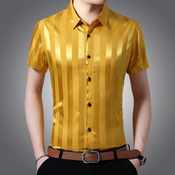 

new summer male silk shirts casual man soft silk clothes short sleeve striped dress shirt ing, White;black