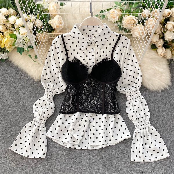 

chic twinset blouse women retro polka dot prints puffy sleeve chiffon shirt with spaghetti strap lace top, White
