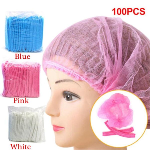 

100pcs double ribbon non-woven disposable shower caps pleated anti dust beauty hat unisex