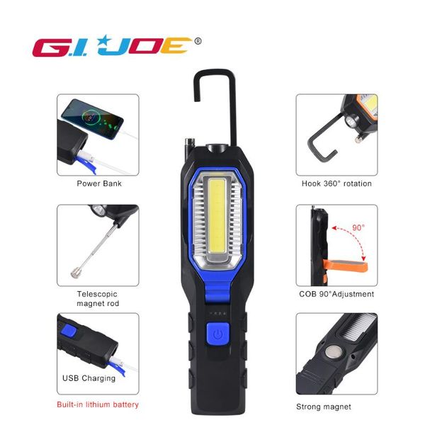 

gijoe led rechargeable work light cob portable spotlight magnetic plastic hook 4 modes red light waterproof power bank torch