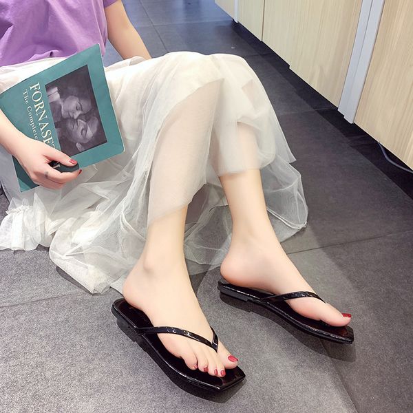 

summer new holiday style candy color flip-flops square head soft bottom beach slippers women outdoor soft comfortable flat shoes, Black