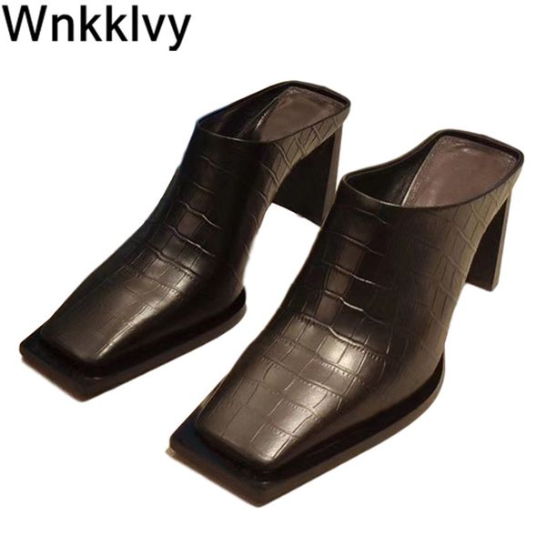 

summer high heel slippers party dress pumps women genuine leather spaure toe lazy mullers 2020 runway design sandals female, Black
