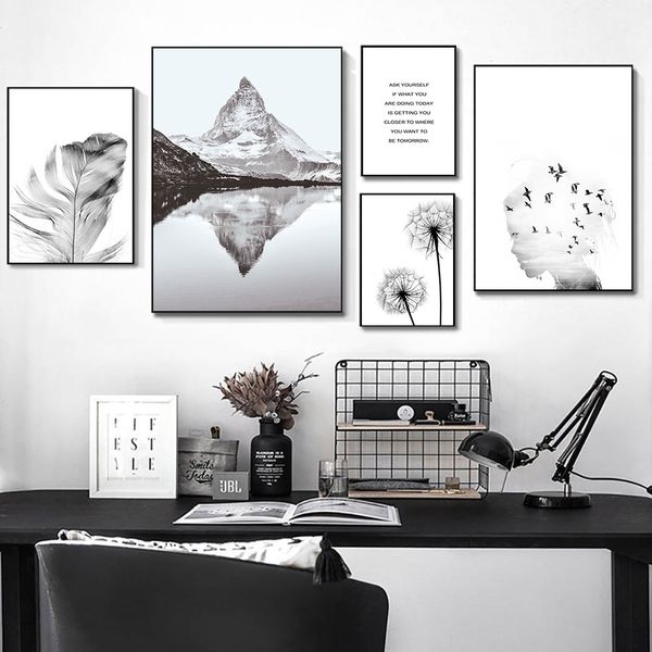 

mountain lake reflection poster girl birds landscape print feather dandelion wall art painting nordic pictures living room decor