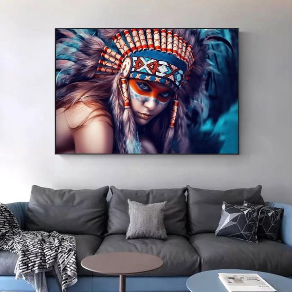 

Indian Body Art Canvas Painting Girl With Feather Colorful Pop Art Wall Art Pictures for Living Room Home Decor (No Frame)