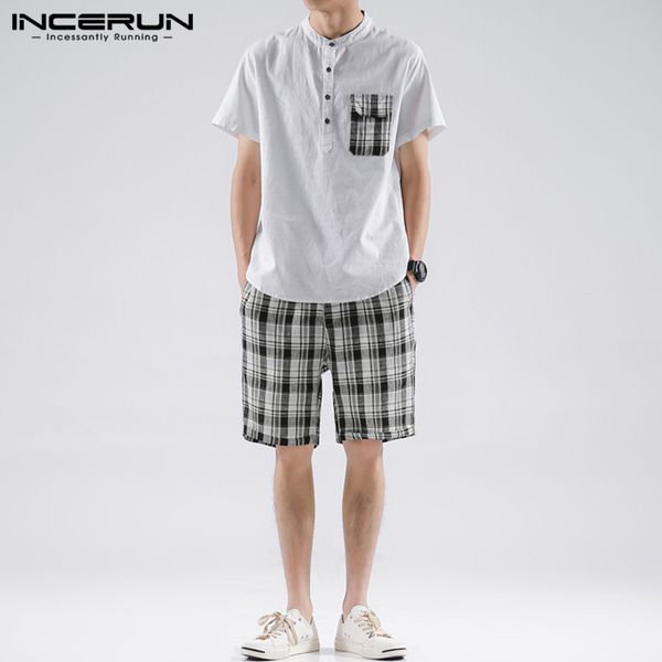

incerun mens отдыха комплекты моды хлопка с коротким рукавом лоскутная рубашки вскользь plaid шорты мужчины harajuku дышащий костюмы s-5xl, Gray