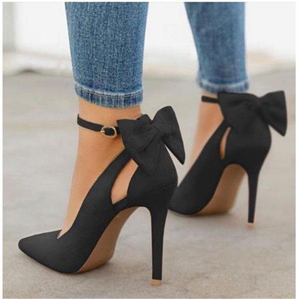 

women high heel pumps women shoes pointed toe buckle strap butterfly summer party shoes wedding shoes plus size, Black