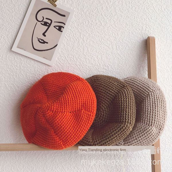 

style handmade woven children's hollowed-out wool painter's hat beret beret chao bao painter hat wool cap, Blue;gray