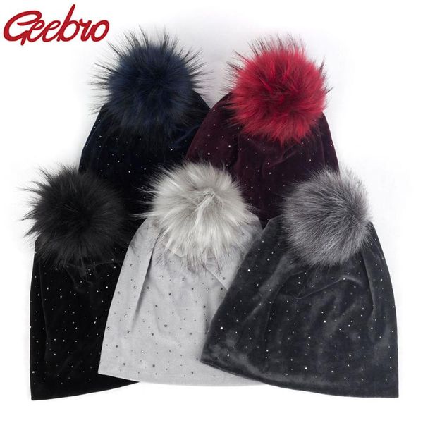 

geebro winter women's pom pom rhinestones beanie hat and neck scarves casual velvet beanies hat with faux fur pompom caps, Blue;gray