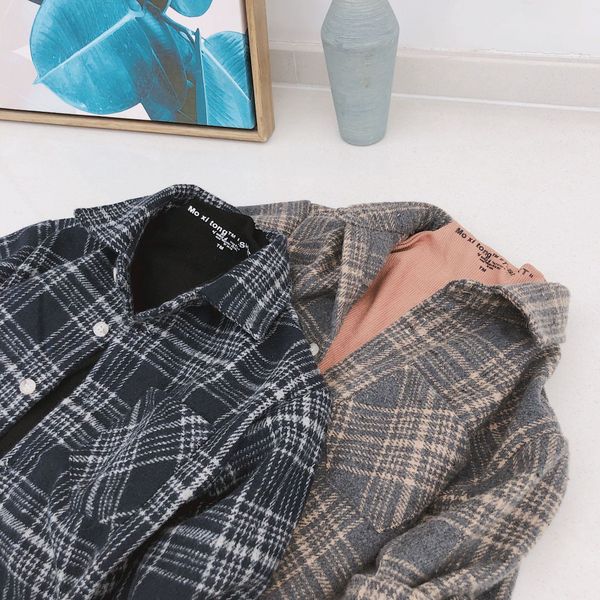 

tong chen shan tong chen shan children's 2019 squinting autumn new children's woolen plaid shirt baby fashion korean style shirt, White;black