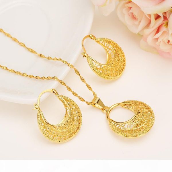 

i ethiopian 24k yellow solid fine gold filled set jewelry pendant chain earrings african bride wedding flower bijoux, Silver