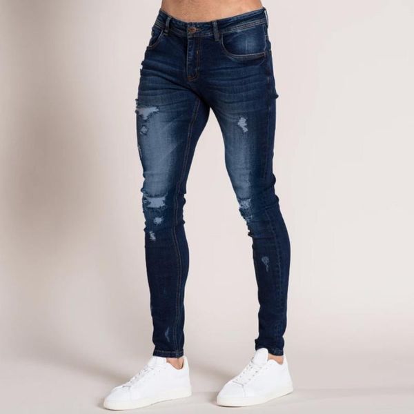 

fashion streetwear men's jeans vintage blue gray color skinny destroyed ripped jeans broken punk pants homme fashion