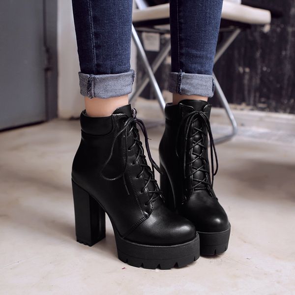 

fashion pure color round toe lace-up boots square heels vintage rubber shoes women platform keep warm snow boots, Black