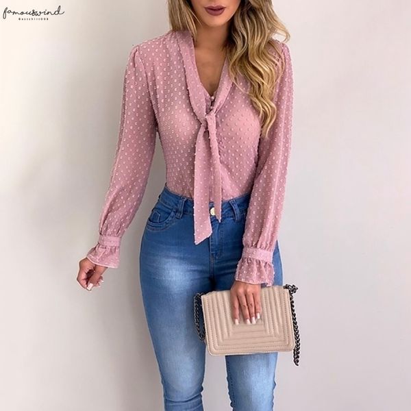 

2020 women chiffon blouse tee shirt casual long sleeve bow tie v neck fashion summer basic plus size blusas, White