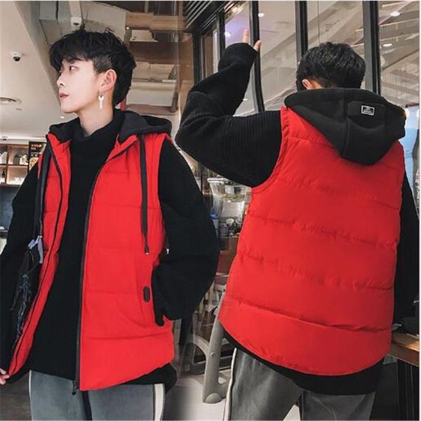 

autumn and winter new men's sleeveless down cotton vest waistcoat slim thick hooded stitching jacket coat vests, Black