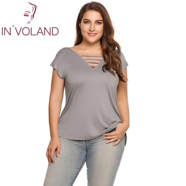 

women's t-shirt in'voland women t-shirts plus sizes summer autumn casual deep v-neck lace up short sleeve solid tshirt feminino te, White
