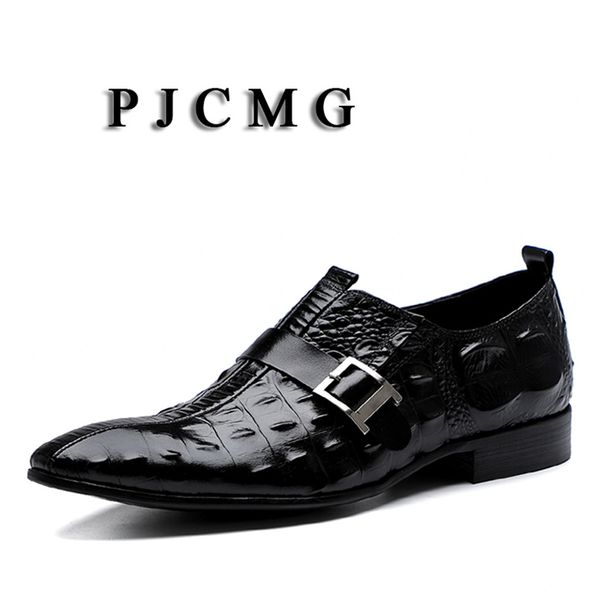 

pjcmg new fashion crocodile design handmade genuine leather slip-on pointed toe black/brown/red business dress men oxford shoes