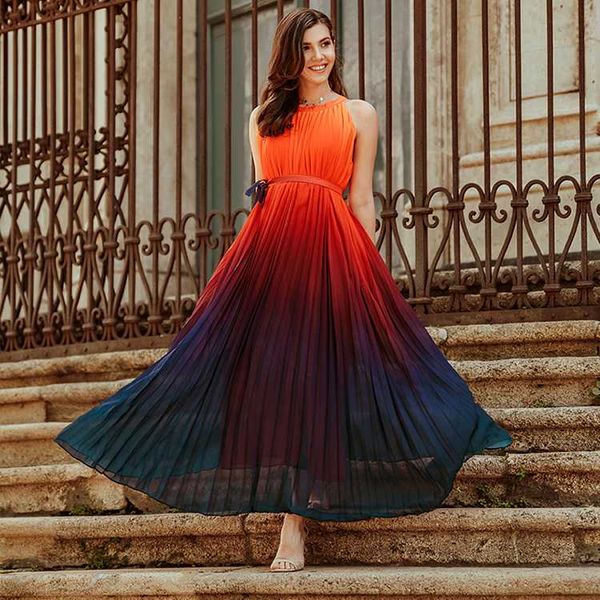 

jsxdhk summer gradients color maxi dress boho women sleeveless off shoulder chiffon dress holiday pleated long loose vestidos, Black;gray