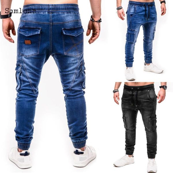 

2020 new stretch-fit jeans men fashion cargo pants multi-pockets slim men pants casual trousers overalls joggers, Blue