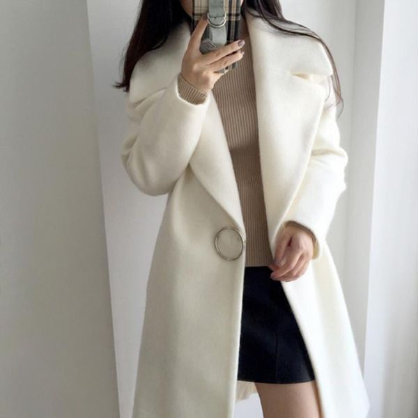 

women white wool coat single button long sleeve casual woolen cloth medium length coat turn-down collar winter coats women new, Black