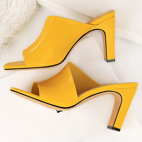 

slippers 2021 women 8.5cm high heels mules yellow slides lady thick block silver summer luxury peep toe platform shoe, Black