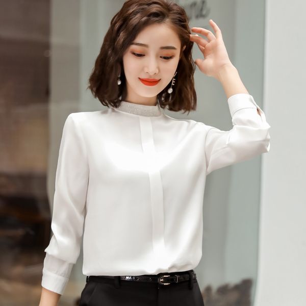 

blue shirt beaded pullover women's 2019 early autumn new korean style fashion elegant beaded round neck pullover ol base shirt, White