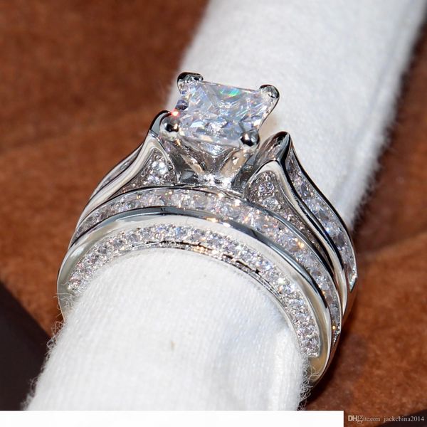 

victoira wieck vintage jewelry 14kt white gold filled princess cut square z cz diamond women wedding engagement bridal ring set gift, Slivery;golden