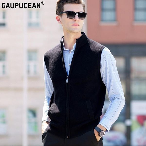 

100% pure wool men sleeveless sweater winter knitting black blue red thick plain knitwear male casual zipper man woolen vest, Black;white