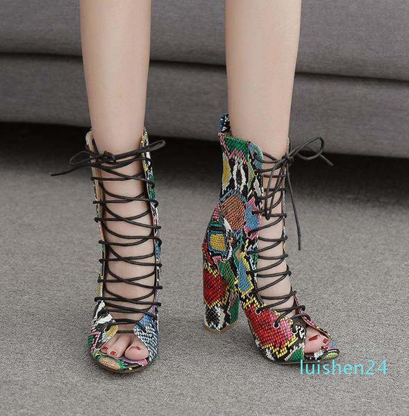 

with box fashion green snake grain printed lace up thick high heels designer heels fashion luxury designer women shoes l24, Black