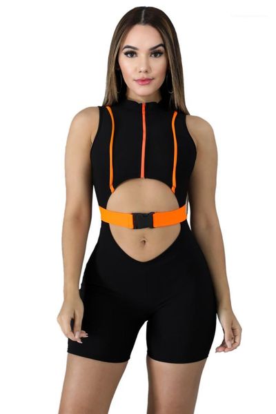 

solid color ladies jumpsuits striped women jumpsuits hollow out sleeveless skinny rompers with buckle casual, Black;white