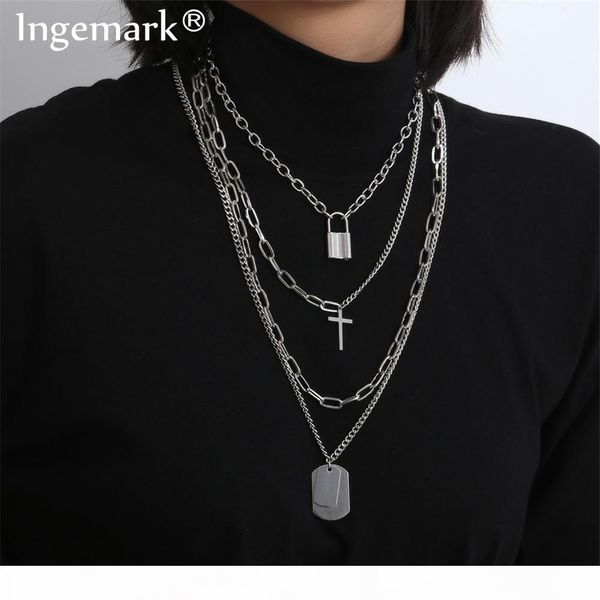 

ingemark punk layered cross pendant choker necklace steampunk men couple hip hop street lock silver color chain necklaces women
