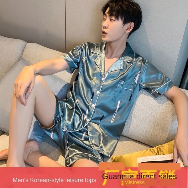 

korean men's short sleeve suit pajamas silk pajamas light ice silk men pajama xl moisture-wicking clothing, Blue;red