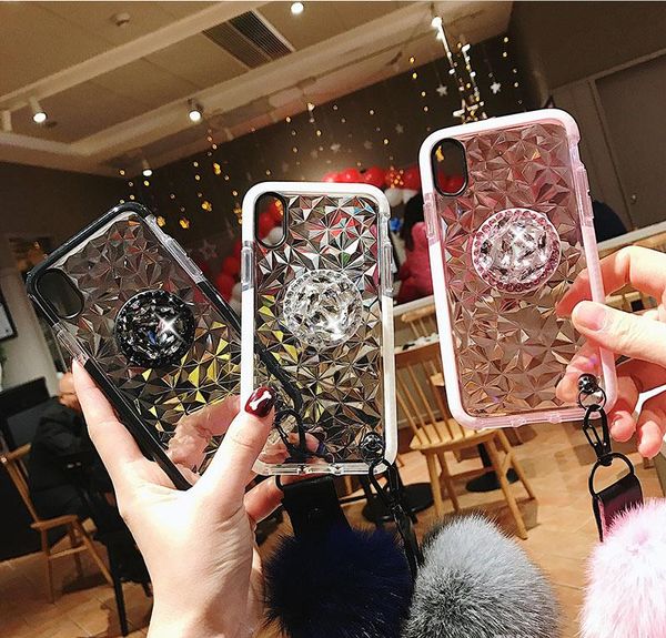 

fur ball bracket strap diamond clear tpu case for iphone 11 pro max xr xs x 6 7 8 samsung s8 s9 s10 5g plus s10e note 9 10 10+ a10 a30 a50