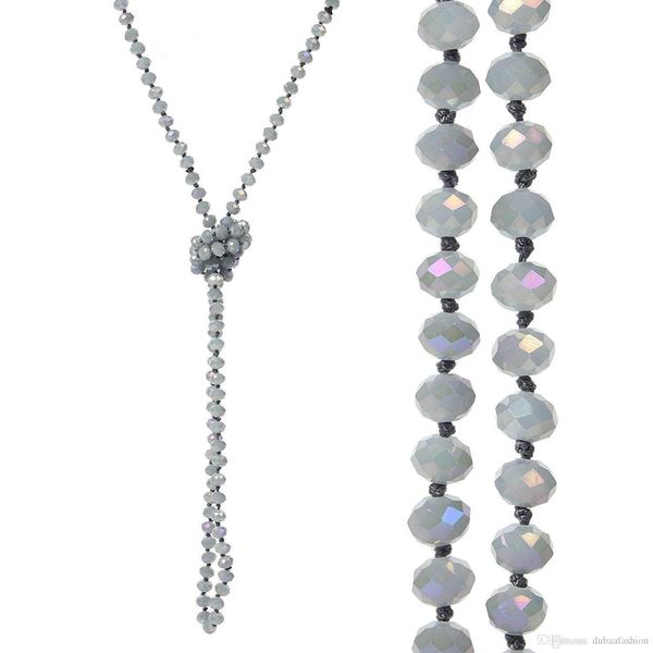 

8мм long strand knotted граненых стекла из бисера ожерелье sparkly handmade многослойной strand себе ожерелье с узлами между каждым шариком, Silver