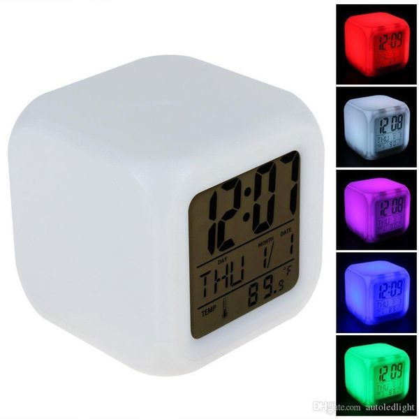 

cube colorful glowing 7 led colors changing digital alarm clock with time & date week & temperature display