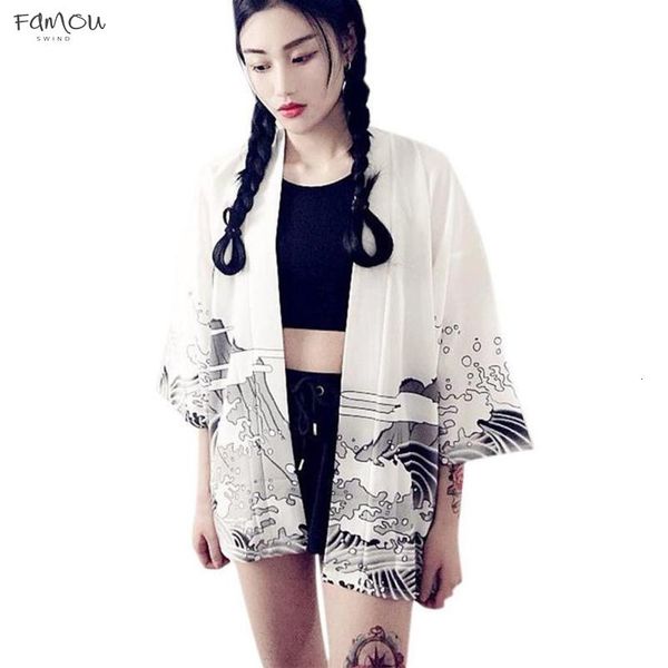 

us warehouse 2020 vintage japanese harajuku style waves and wind dragon japanese kimono print cardigan summer women clothings blouse, White
