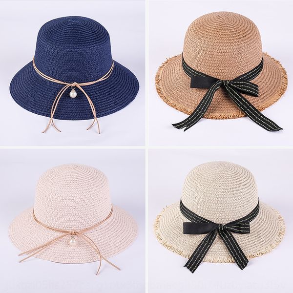 

new women's butterfly hat straw white beads bowknot decoration travel personalized large eaves dome sunshade straw hat tide, Blue;gray