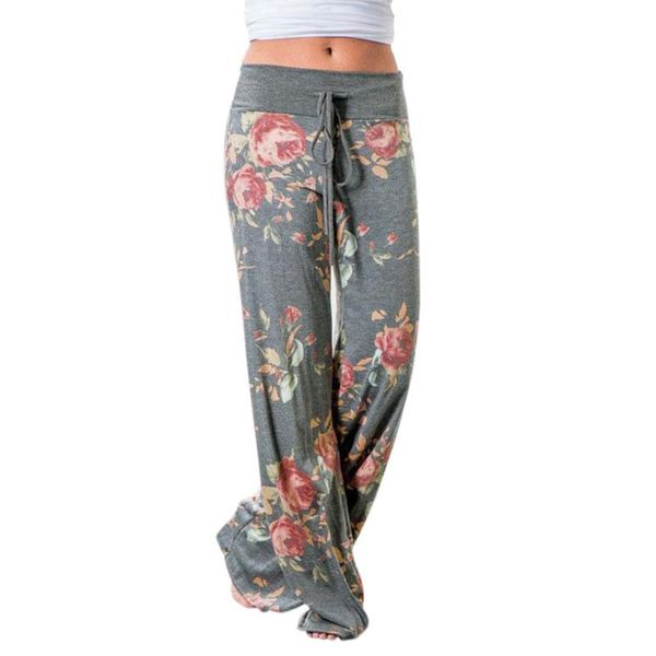 

fashion flower printing straight pants belt splicing women simplicity drawstring loose elastic wide leg trousers yoga pants, White;red
