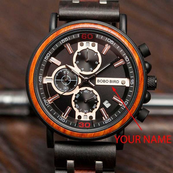

bobo bird wood men watch engrave your name date display wristwatch birthday gift for dad wood box relogio masculino oem, Slivery;brown