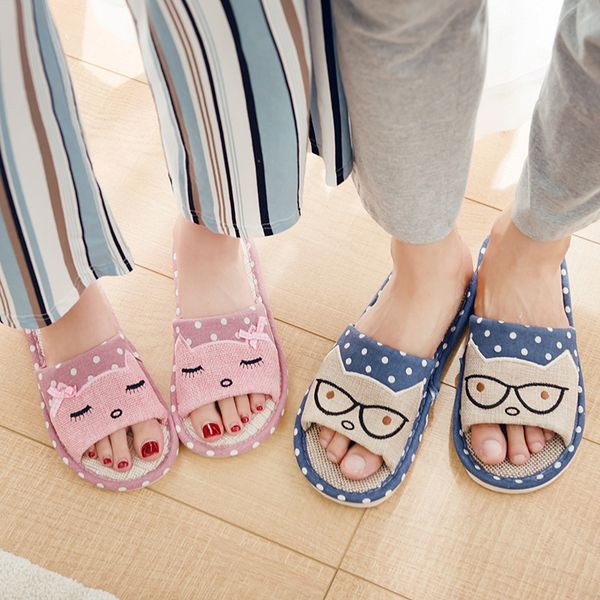 

women indoor slippers breathable flax soft bottom spring summer flat shoes woman home slides cartoon style lovers floor slippers, Black