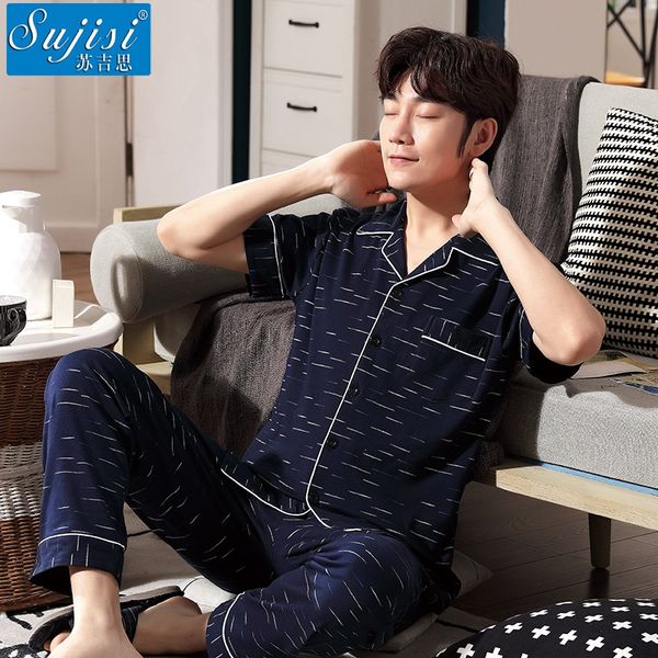 

summer cotton men's short-sleeved trousers lapel loose large size outer wear shorts pajamas pajamas cardigan cotton home suit, Black;brown